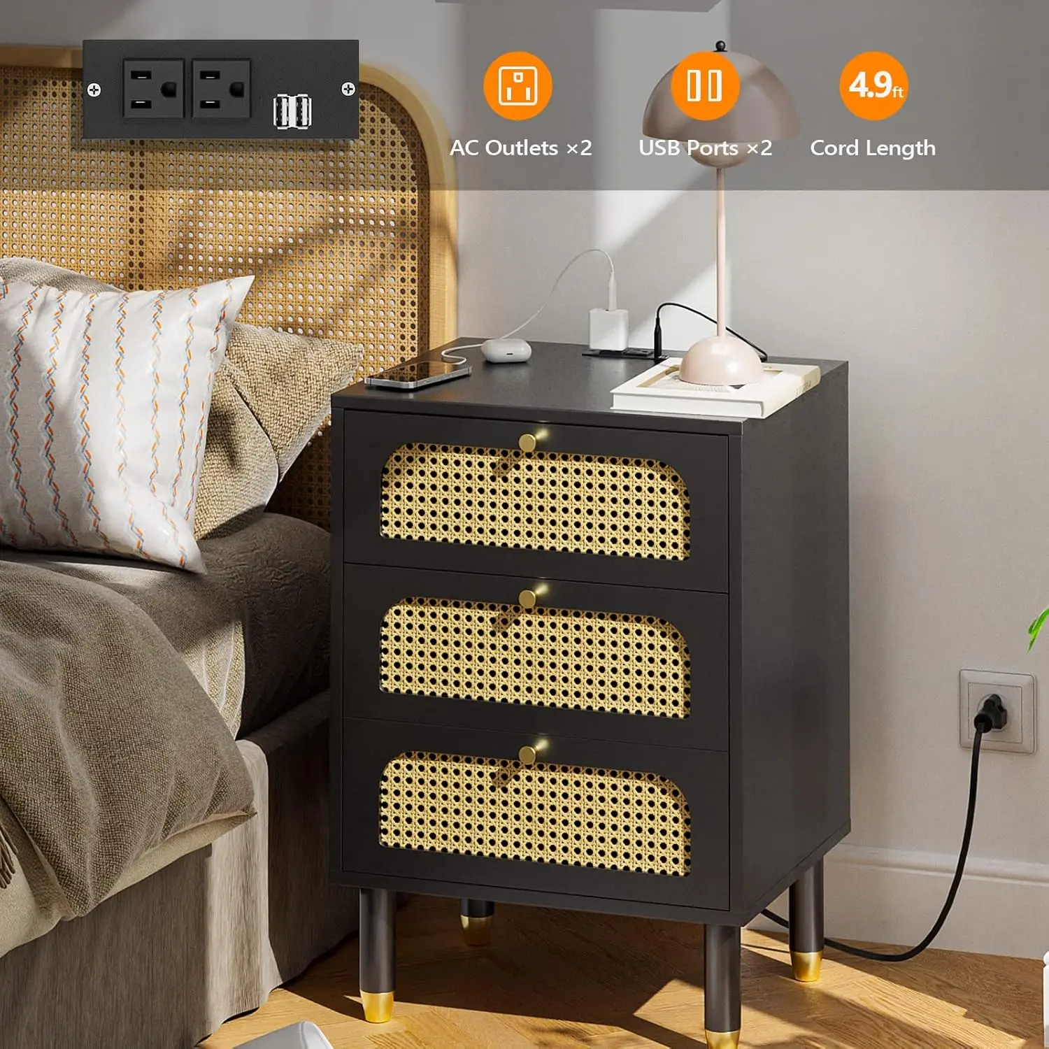 Black Rattan Nightstand Set 5