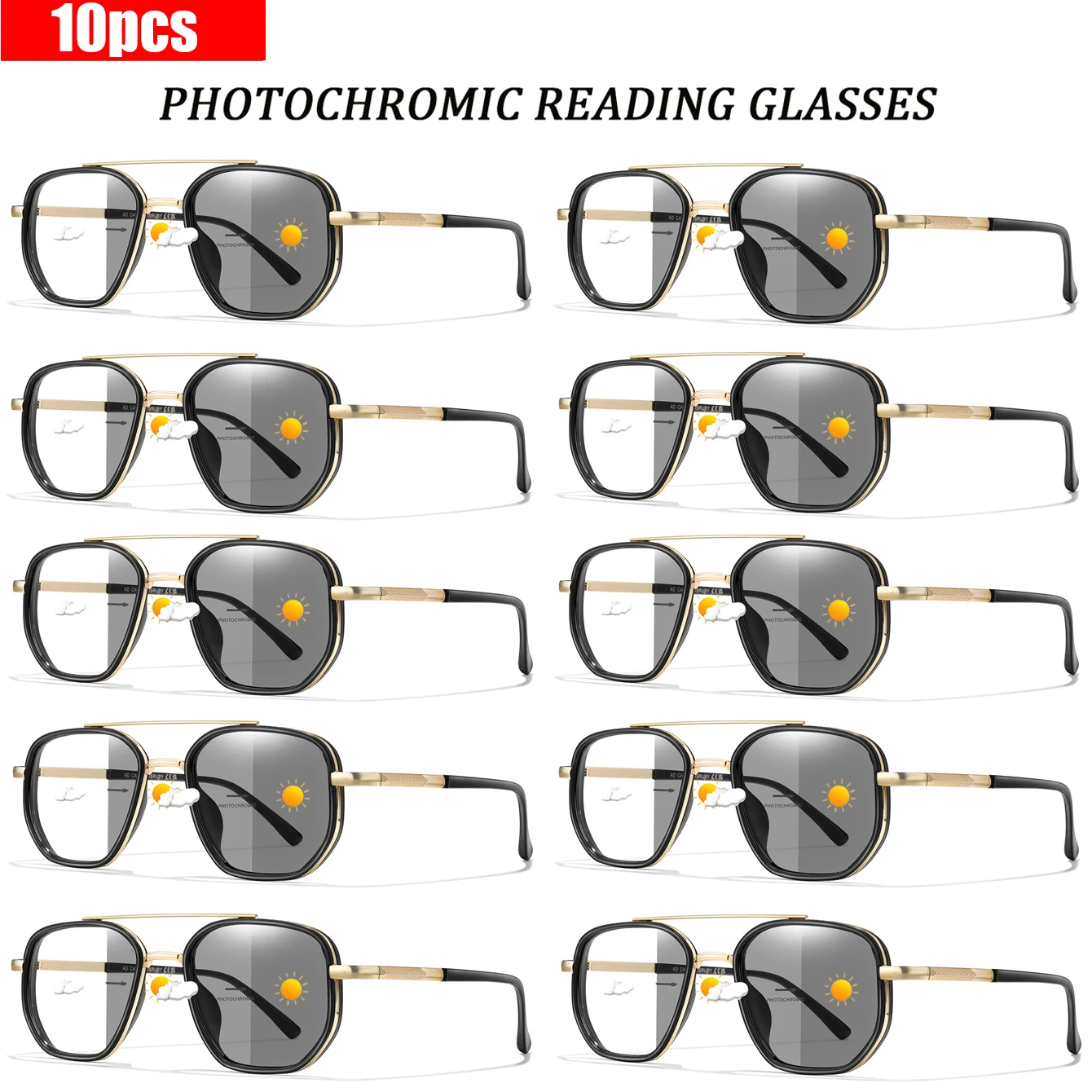 

10 пар очков для чтения, фотохромные классические квадратные металлические очки для дальнозоркости, анти-синий свет, сверхлегкие очки