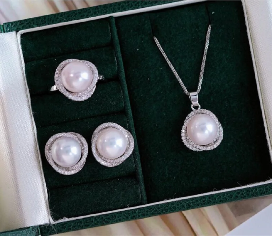 AAA+++ 10-11mm akoya white pearl 925s pendant ring earrings set