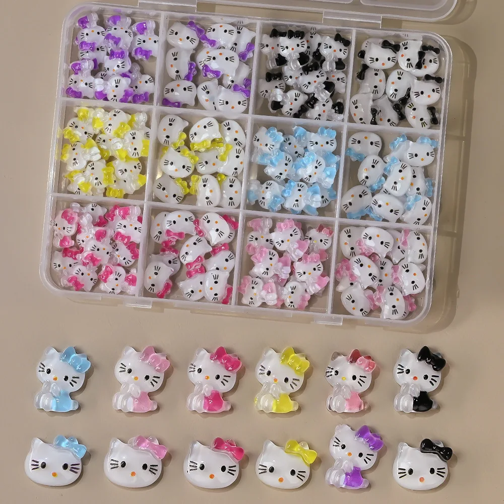 120PCS 12‑Grids Box Hello Kitty 3D Nail Charms Mixed Color Resin Ornaments Kawaii DIY Nail Art Manicure Decor Accessories