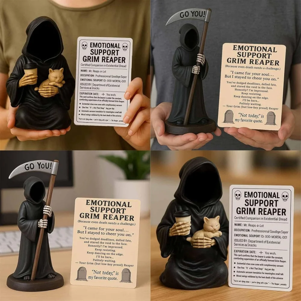 Emotional Support Grim Reaper Figurine Resin Gothic Skeleton Statue with Support Card for Halloween Home Office Decor