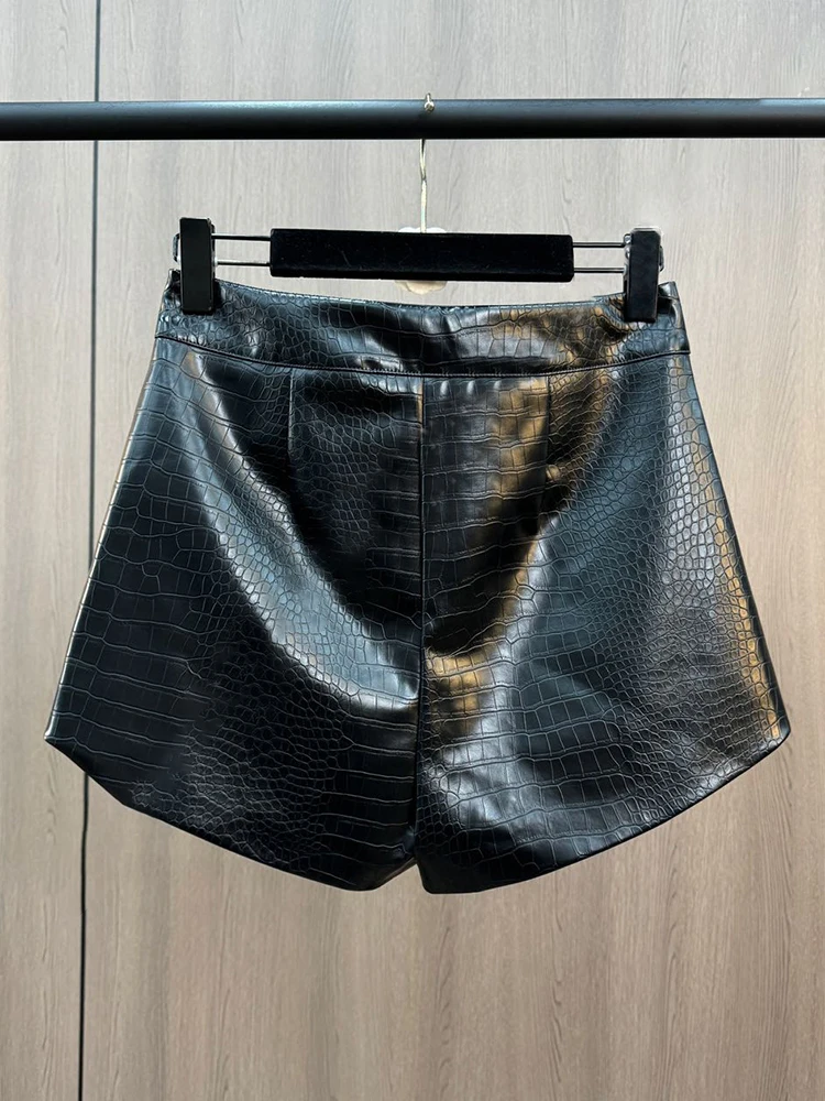 VGH Black Color Spliced Zipper Women Leather Shorts High Waist Spliced Metal Buttons Folds Wide Leg Pant Female Autumn New Style