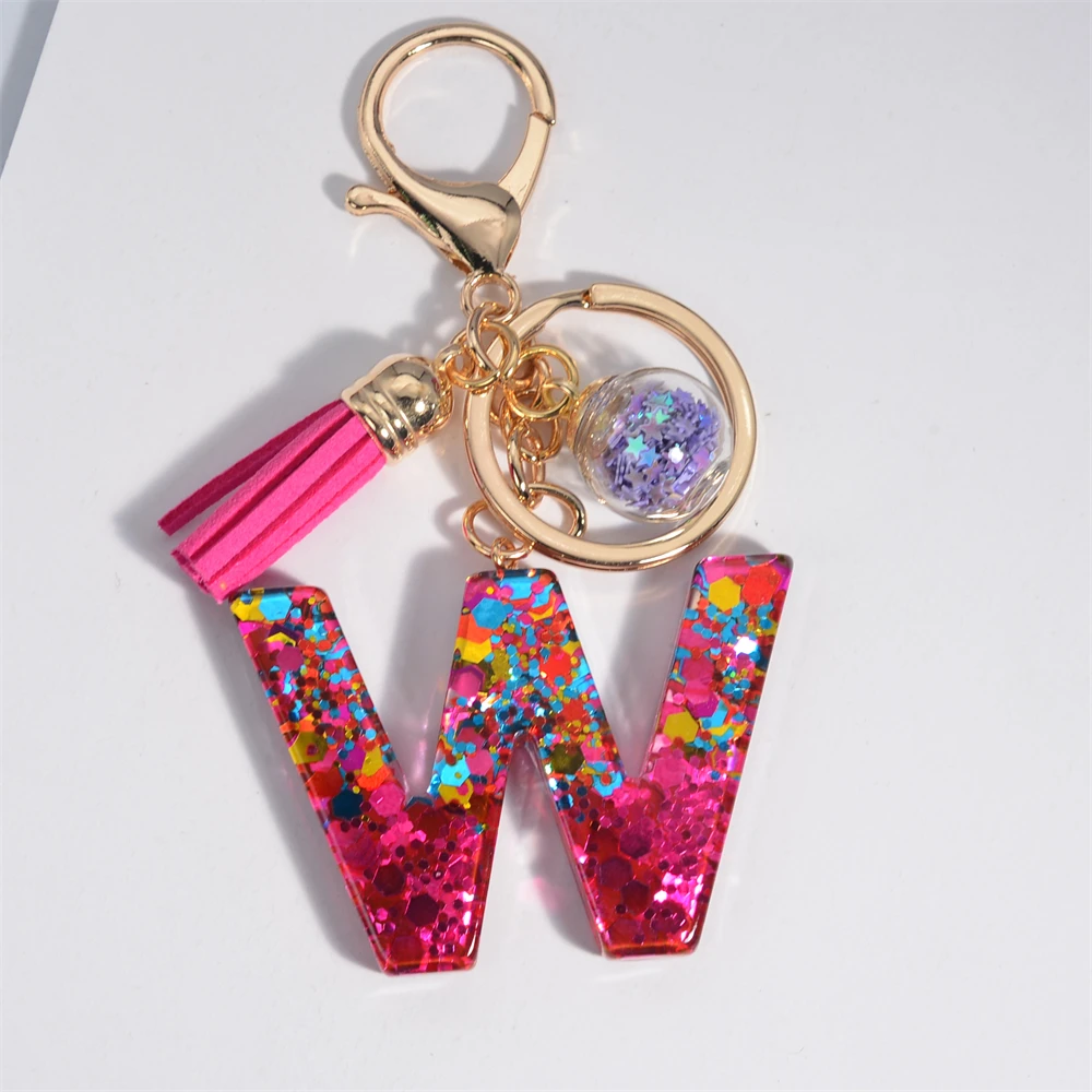 Fashion Tassel Star Ball 26Letters Keychain Colorful Sequins Resin Key Ring for Women Girls Car Handbag Phone Case Pendant Gifts