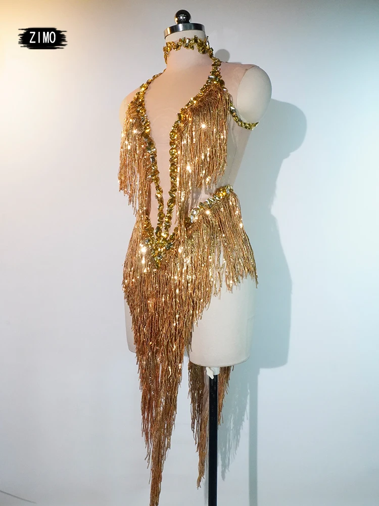 Sparkly Rhinestones Sequins Tassel Leotard Women Nightclub Outfit Singer Dancer Costume Stage Group Sexy go Performance Bodysuit