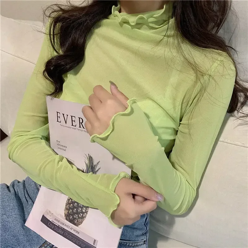 High Neck Sheer Mesh Top Women Clothing Long Sleeve Turtleneck T-shirt Korean Sexy See Through Black White Pink Purple Shirt New