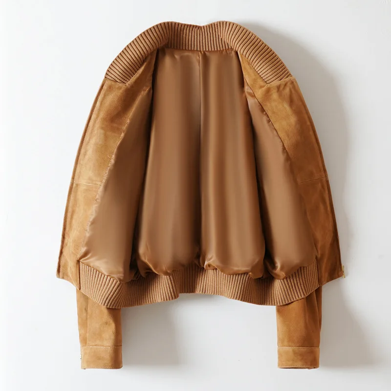 Veste en cuir véritable pour femme, peau d'agneau vintage, daim, fermeture éclair, col montant, vestes courtes en peau de mouton, automne, hiver