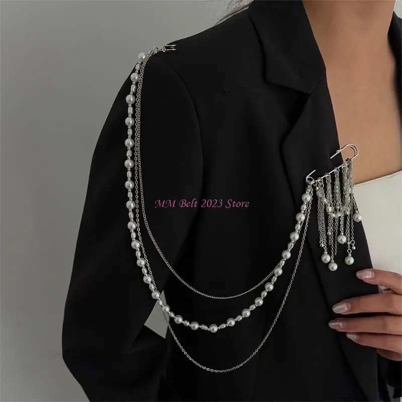 49ME Stylish Pearls And Chain Fringe Brooch Vintage Inspired Statement Jewelry Accessory For Dresses And Blouses