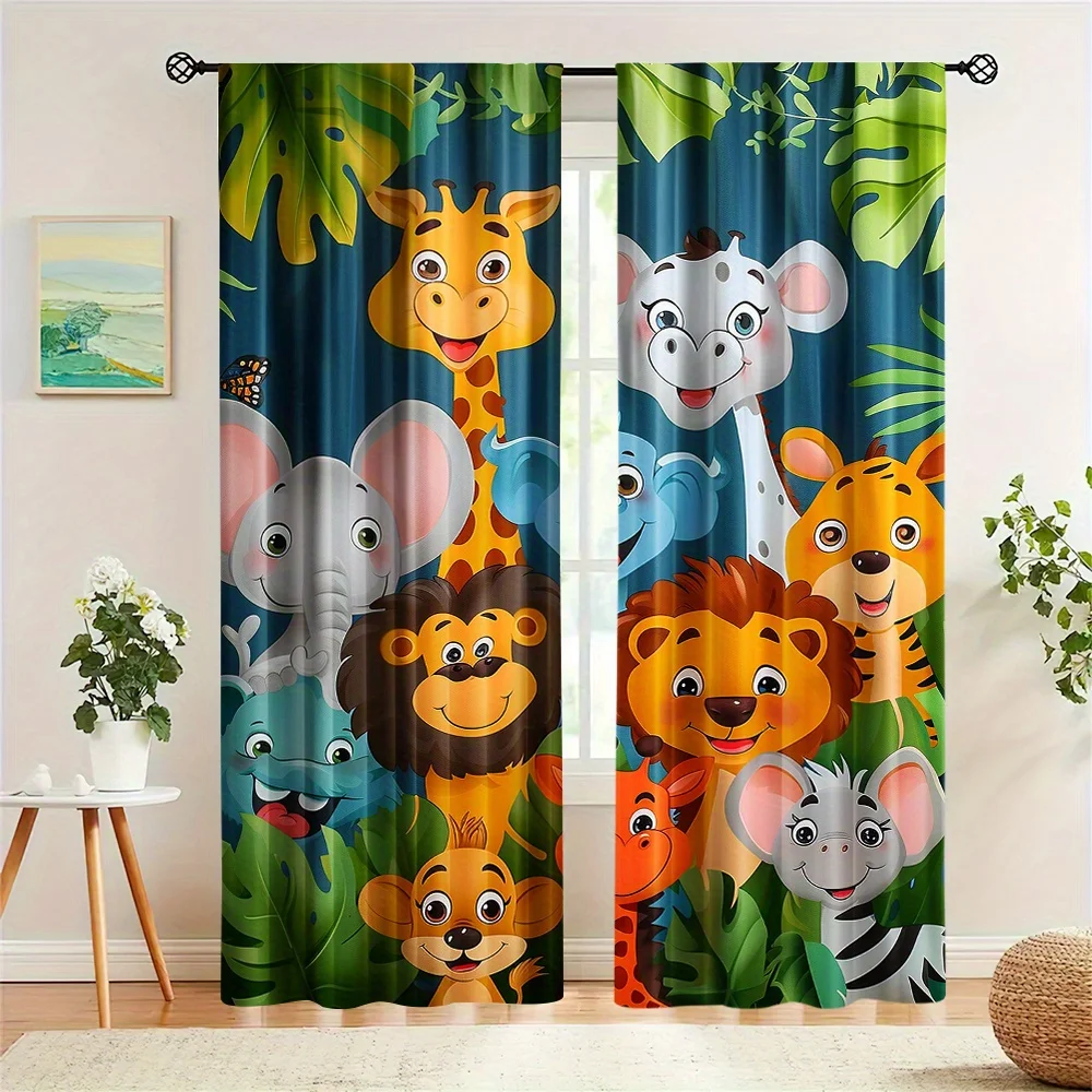 

2pcs Cute Cartoon Forest Zoo Jungle Animal Curtain Installation Digital Print For Living Room Bedroom Window Home Decor