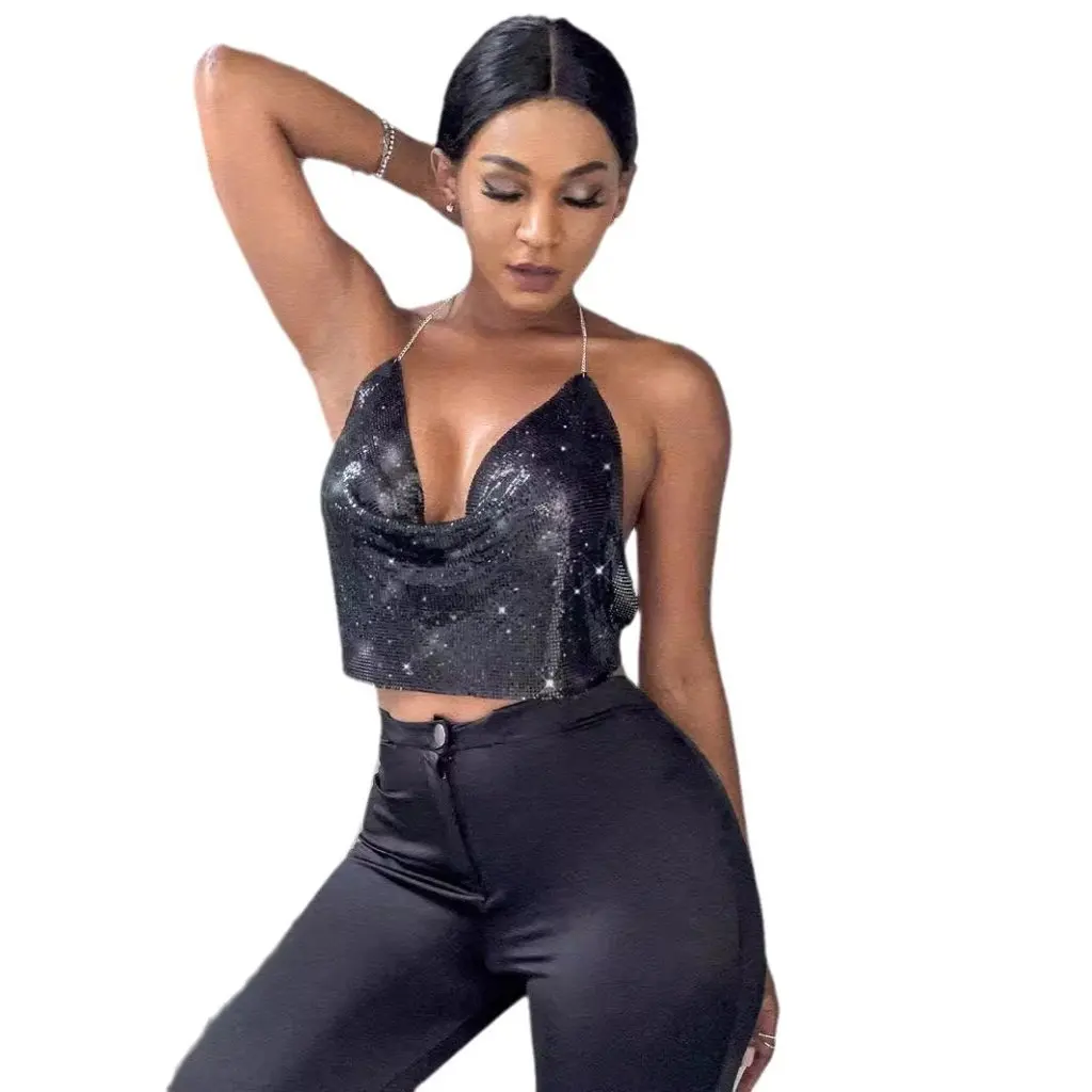 

Сексуальный топ с открытой спиной и бретельками на бретельках с металлическими блестками Y6008, женский модный жилет Supply Wish