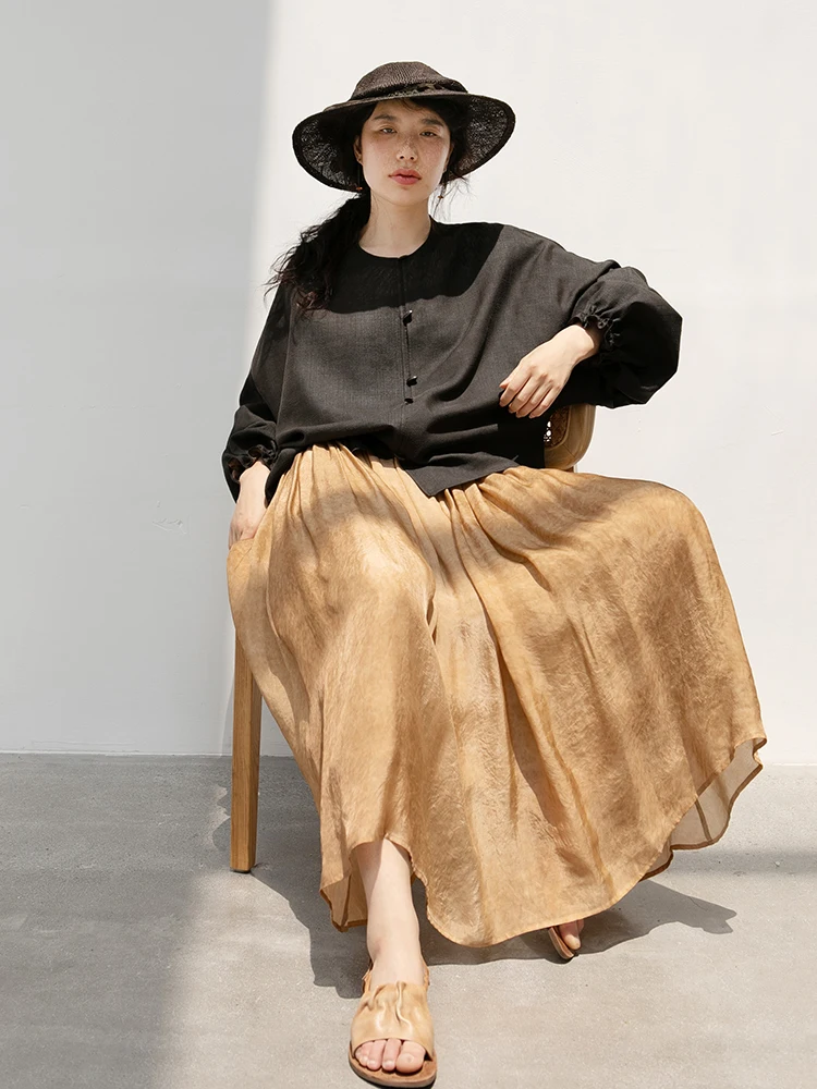 

Новая коллекция Le: Летняя длинная тонкая двухцветная юбка из 100% медного аммиачного шелка с высокой талией, А-силуэт, с пуговицами