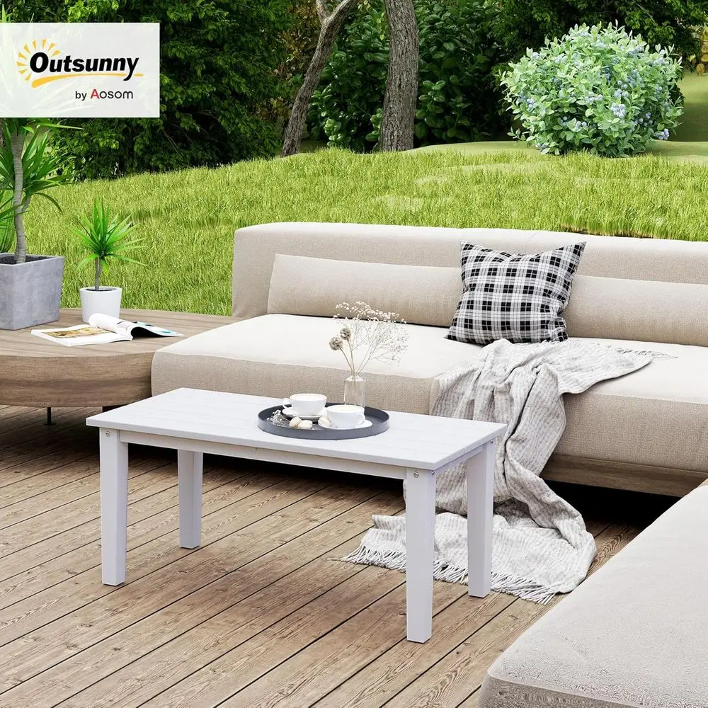 طاولة قهوة مستطيلة الشكل HDPE مقاومة للطقس مع سطح شرائحي للمساحات الخارجية باللون الأبيض