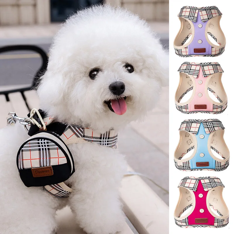 Classic British Plaid Suit Collar Dog Harness Set Reflective Pet Vest Harness With Rope&Bag For Small Medium Cats Dogs Outdoor