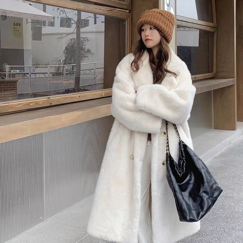 

Winter Long Vintage White Thick Warm Fluffy Wool Blends Coat Women Double Breasted Elegant Luxury Designer Clothes A2
