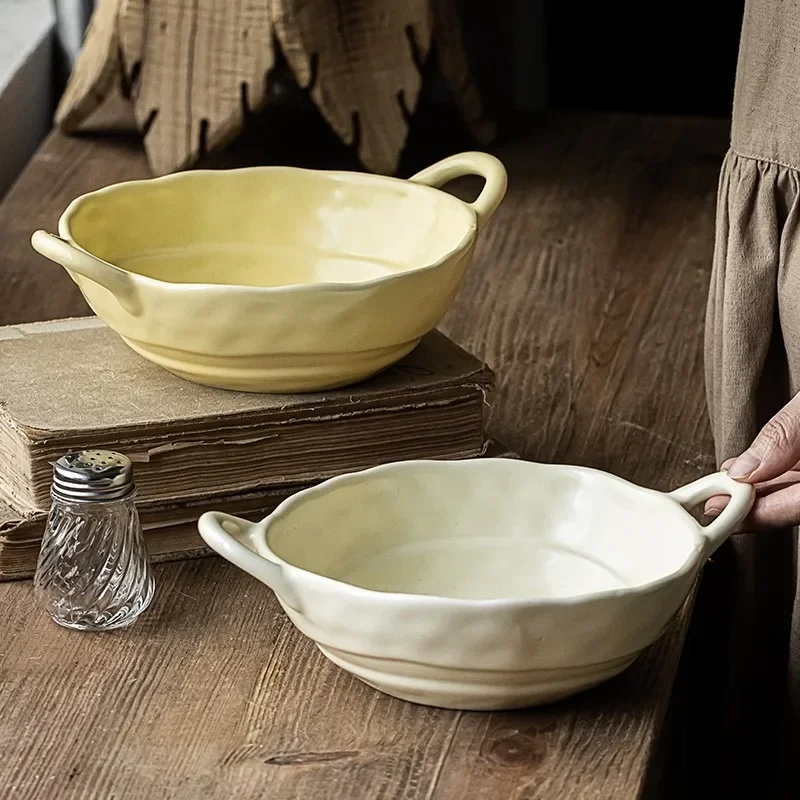 1PC Micro-flaw Style Ceramic Matte Binaural Bowl Japanese Household Soup Bowl Tableware Soup Noodle Salad Tableware