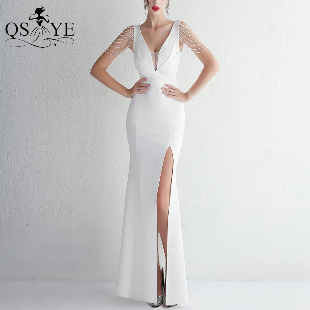 Abiti da sposa bianchi semplici cinghie per perline abito da sposa in raso elastico abito da sposa con scollo a V arricciato abito da sposa Sexy con spacco