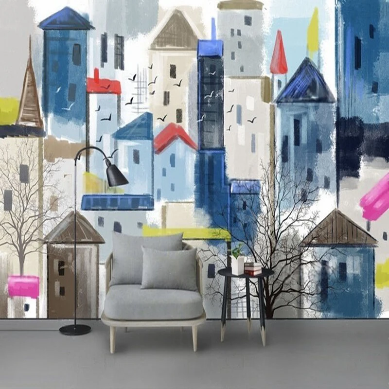 

MU9090 Modern hand-painted abstract urban oil painting decorative mural TV background wall PAPER