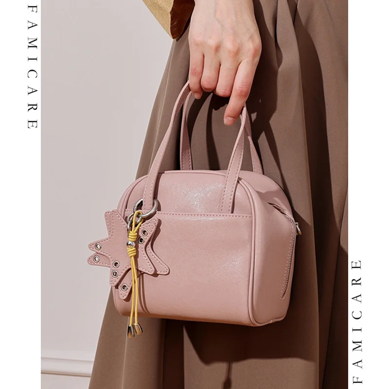 Fashion Lady Solid Color Mini Boston Shoulder Bag Casual Split Leather Crossbody Bags Multi-purpose Women Elegant Daily Handbag