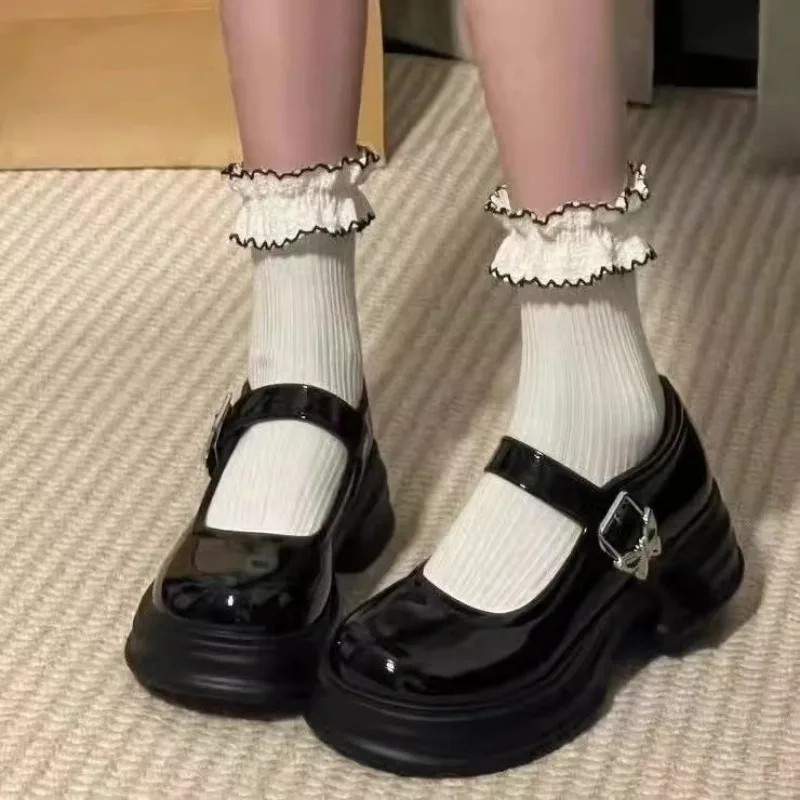 Gothic Chunky Heels Round Toe with Medium Ladies Pumps Platform Mary Jane Japanese Style Lolita Black Women's Shoes