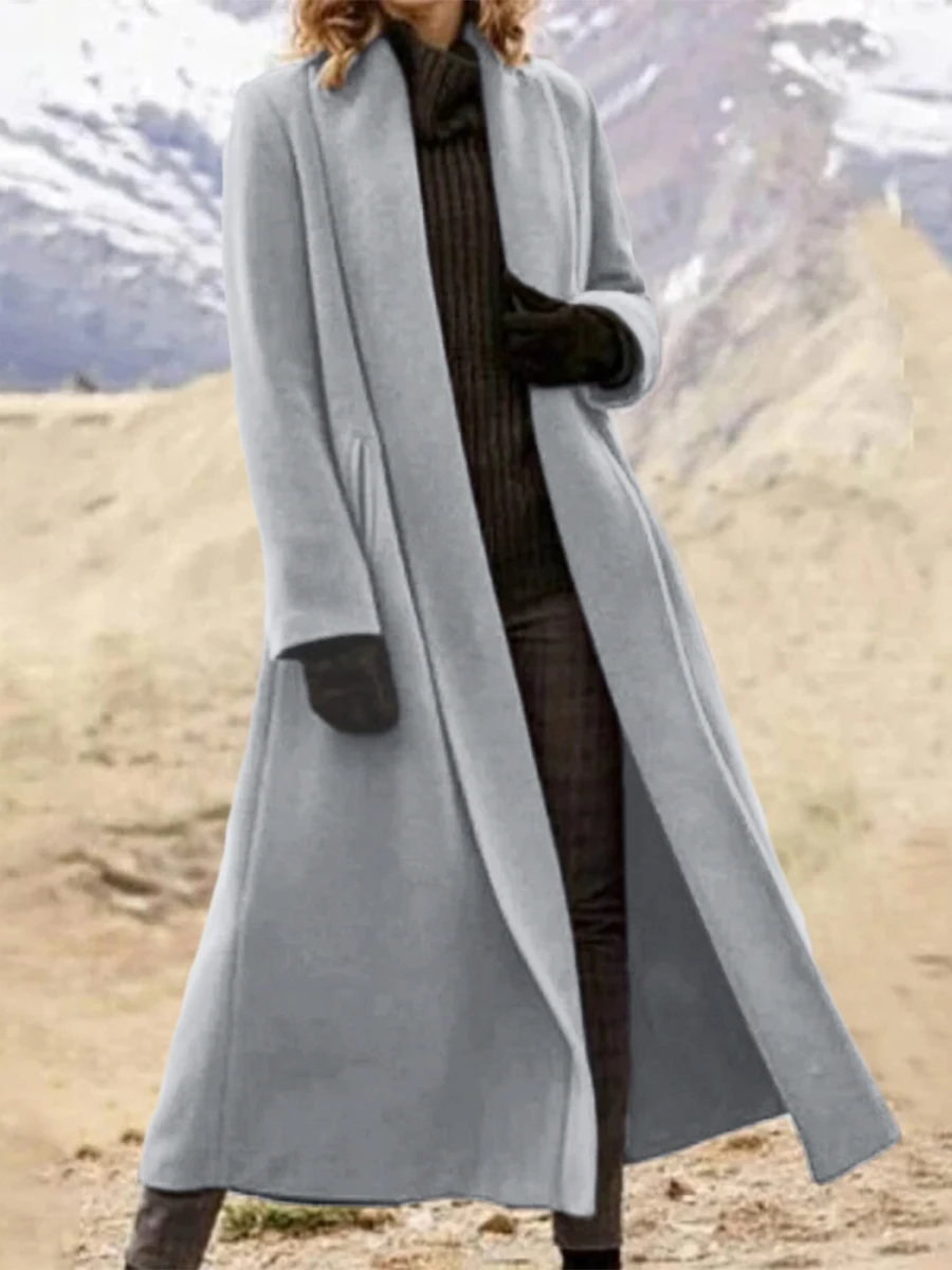 Women's Long Wool Blend Coat Fall Winter Fashion Elegant Grey Overcoat Lapel Jacket Casual Warm Outerwear Ladies Office Trench