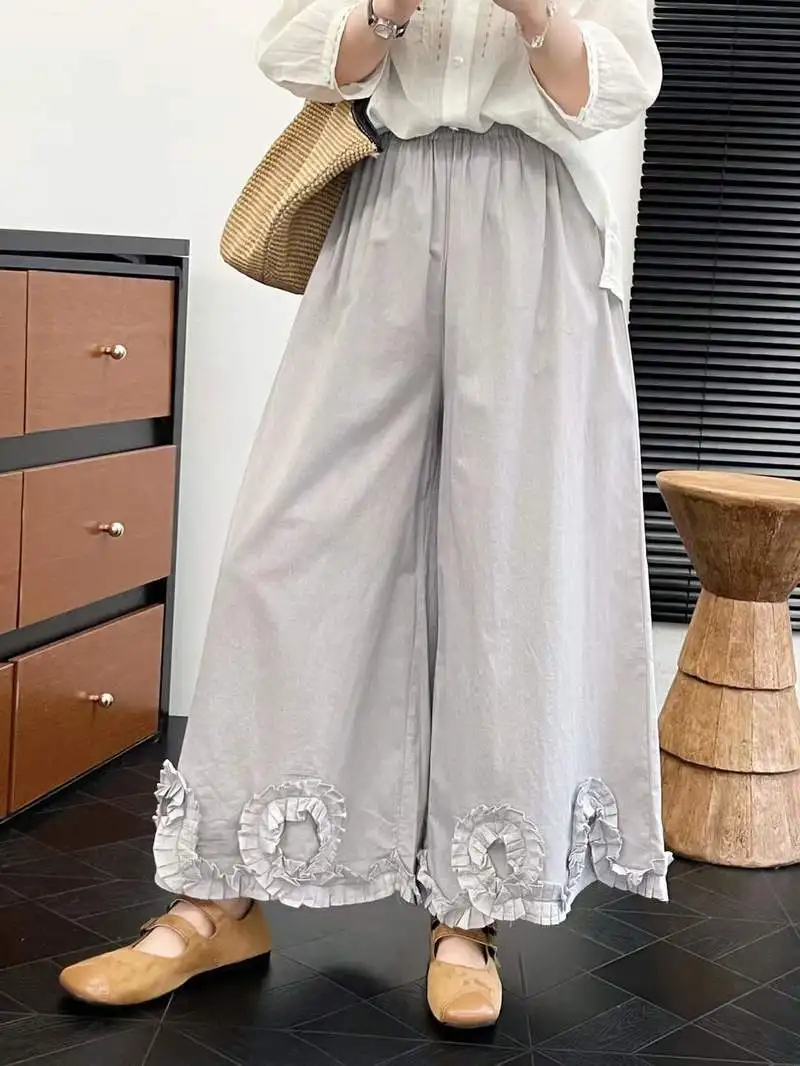 New 2026 Summer Women Cotton Trousers, Elastic Waist 3D Ruffles, Mori Girl Fashion Sweet Age Reduction Straight Pants B64725CC