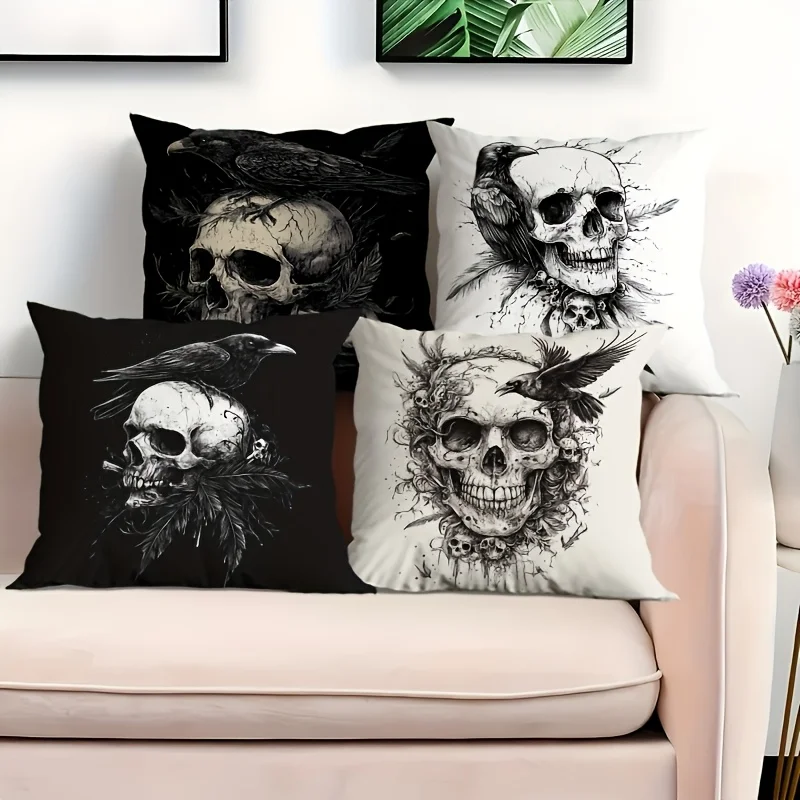 4Pcs Double‑Sided Skull & Raven Pillow Covers, Gothic Halloween Dark Style Cushion Cases for Indoor Outdoor Sofa Home Decor