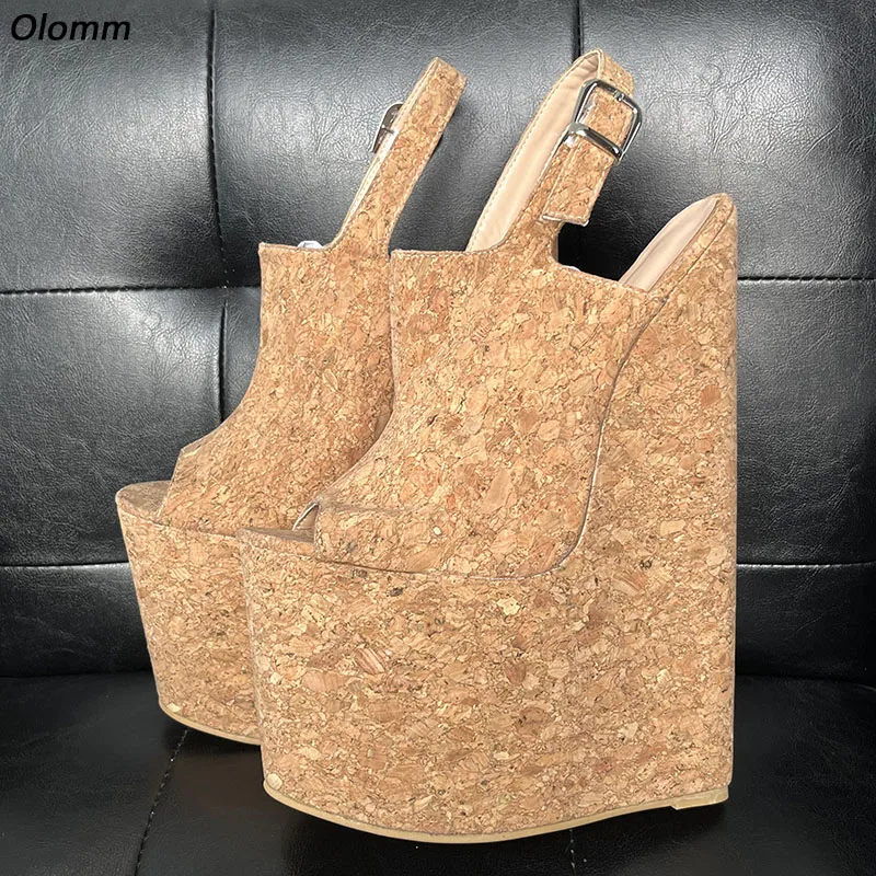 Olomm Handmade Women Summer Platform Sandals Cork Pattern Ultra High Wedges Heels Peep Toe Pretty Cosplay Shoes Ladies Size 5-15