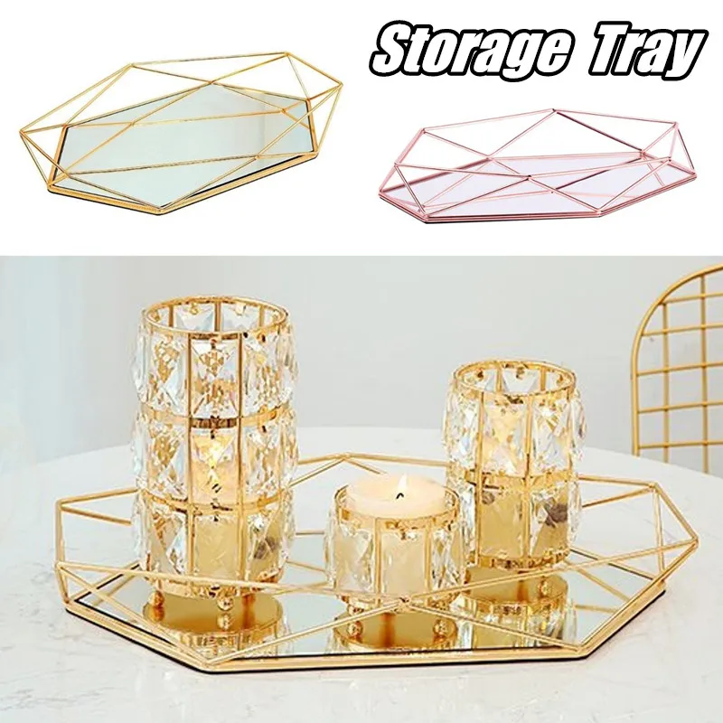 European Glass Metal Kitchen Storage Tray Gold Oval Dotted Fruit Plate freezing Jewelry Display Rotary Candy Decor Tray Mirror