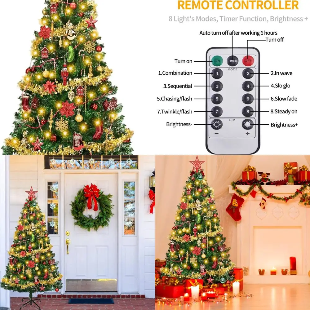 

Предлюбильная рождественская елка длиной 5 футов с золотыми, красными и зелеными украшениями и 8 режимами освещения для праздничного домашнего декора