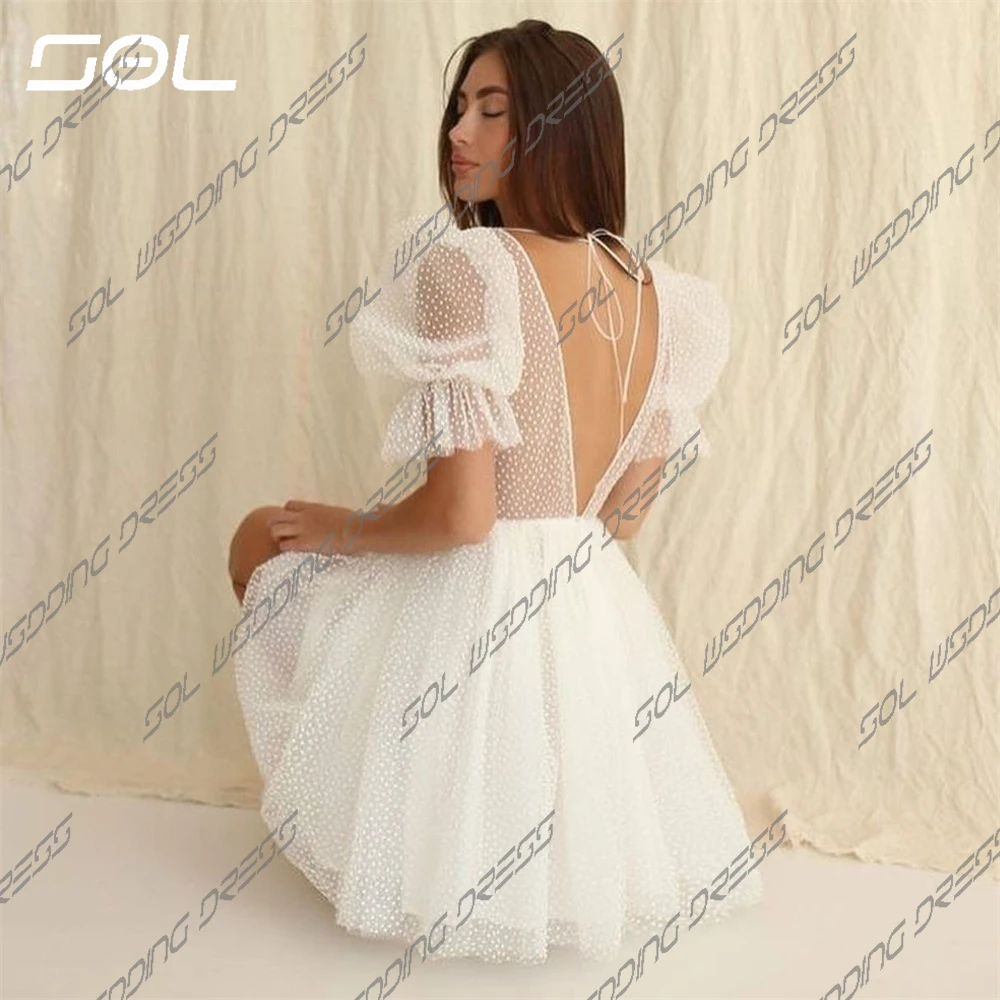 Sol gaun pengantin Mini kerah V rendah seksi gaun pernikahan pendek jaring-jaring lengan Puff leher V rendah gaun pengantin elegan A-Line di atas lutut jubah pengantin Mini De Mariee