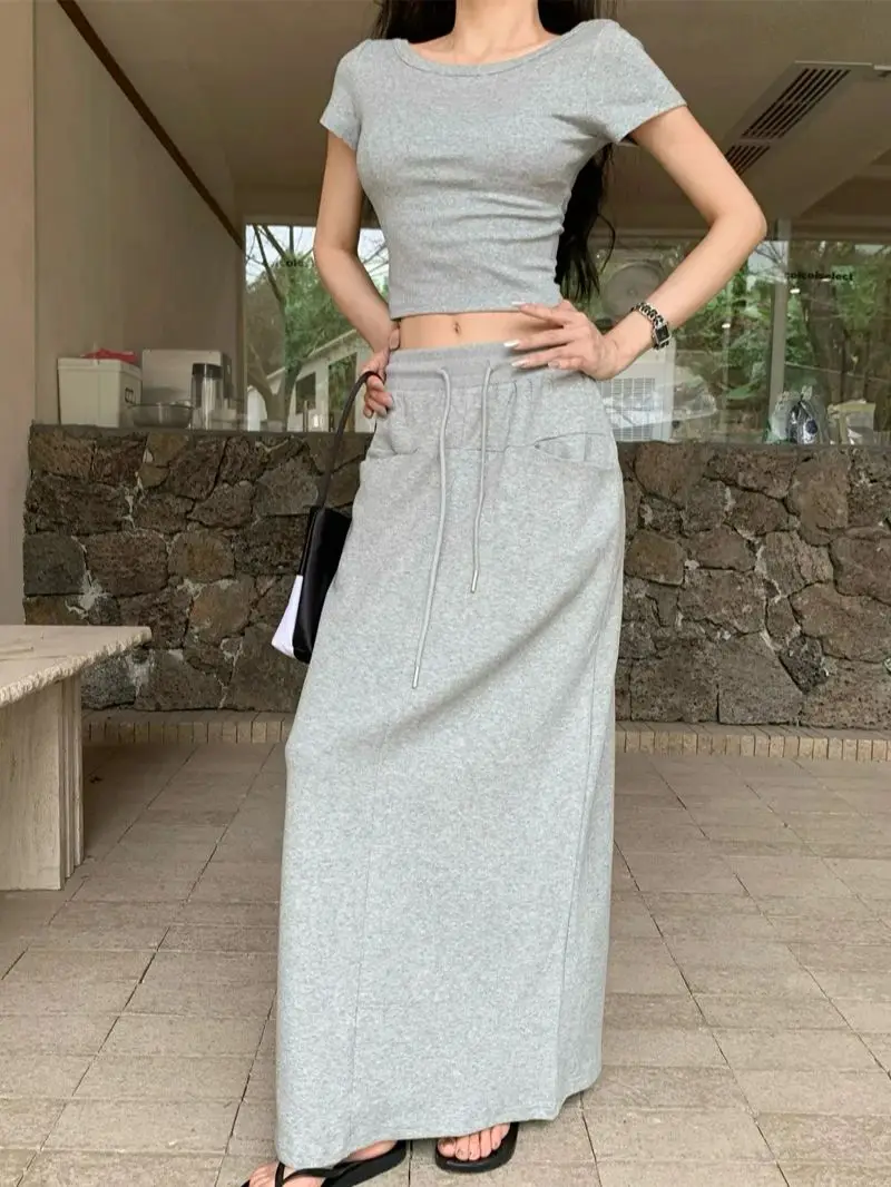 

PLAMTEE 2024 Minimalist Long Skirts Women Split Chic Summer Hot Girls Casual Backless New High Street Slim Office Lady Tees