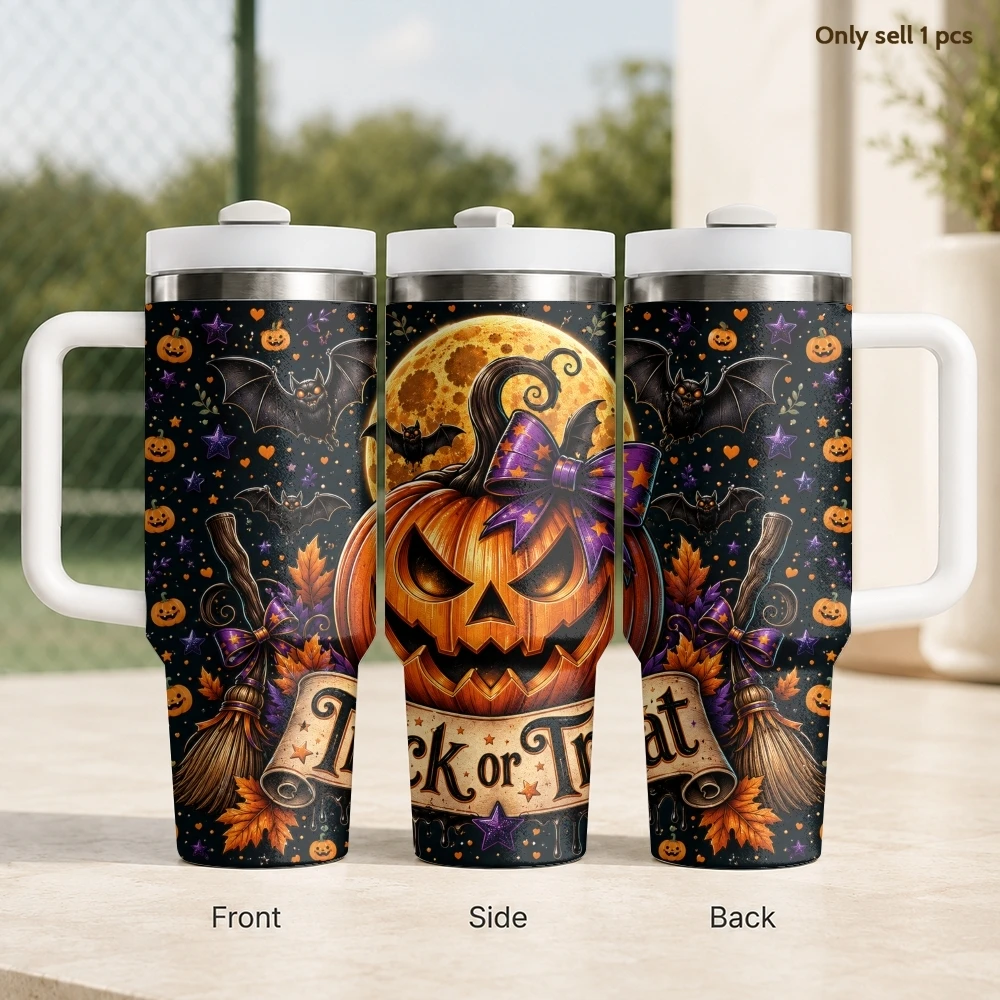Horror Pumpkin Vacuum Flasks 40oz Stainless Steel Travel Tumbler with Handle Straw Lid Double Wall Vacuum Insulated