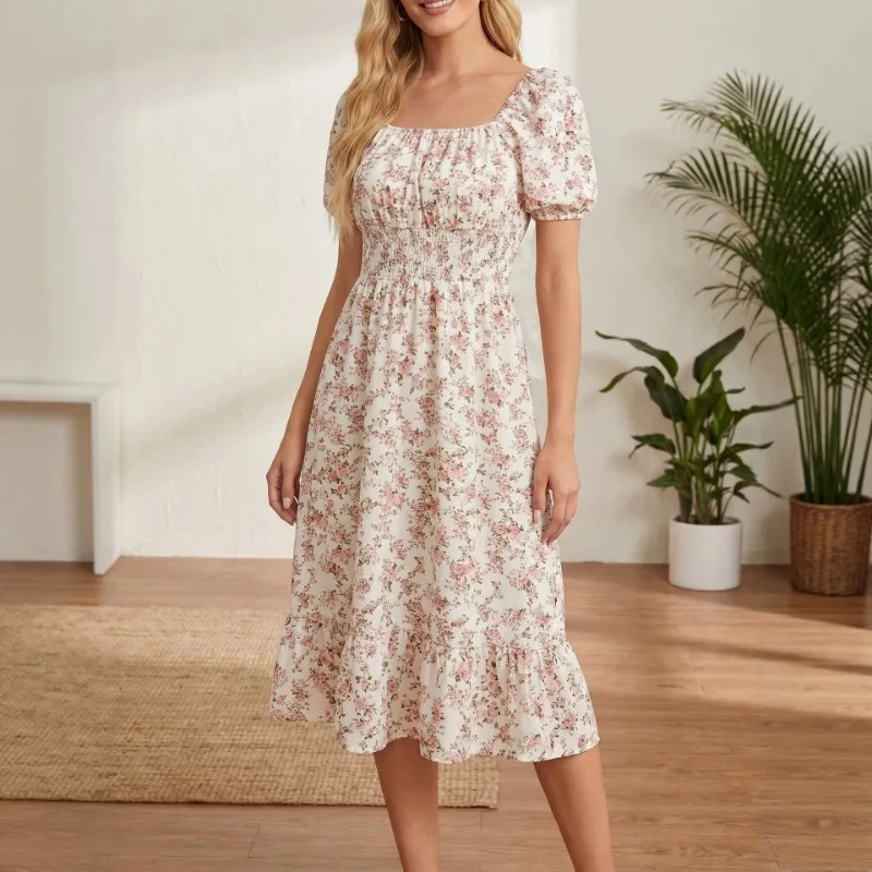 Spring Summer Square Neck Short Sleeve Waist Cinched Ruffled A-Line Midi Dress Women EU US Gown