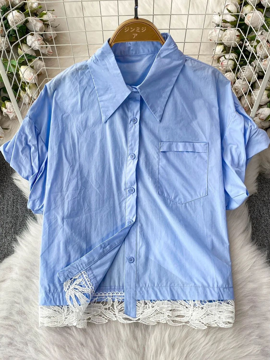 

2025 New Simple Pure Color Lapel Lantern Sve Women's irt Design Sense Lace Splicing Loose Slimming Top Korean Sle Bubb...