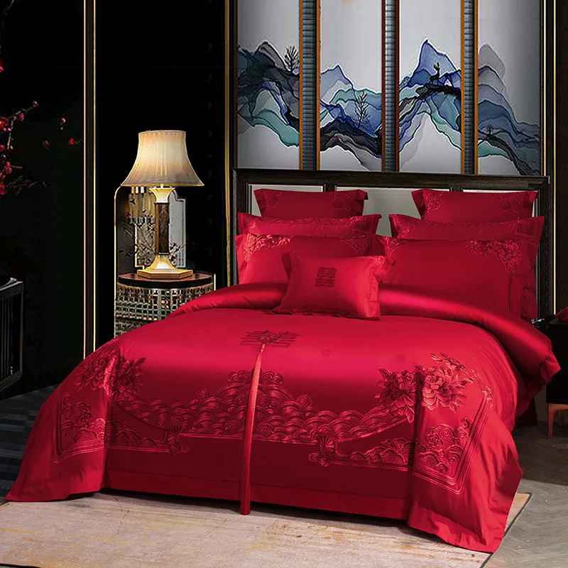 140 Thread Count Long Staple Cotton Four Piece Set Embroidered Wedding Celebration All Cotton Embroidered Red