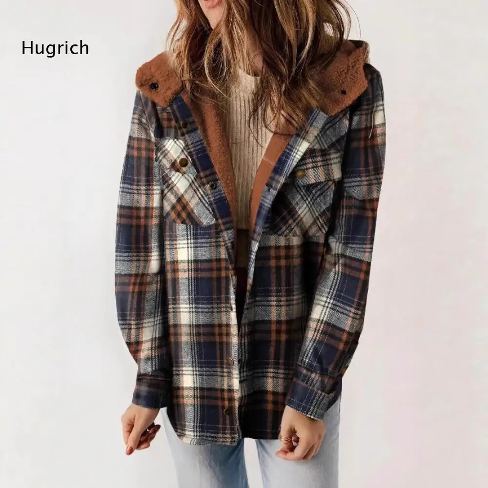 Winter Ladies Plaid Shacket Hooded Fleece Lined Button Front Coat Long Sleeve Loose Fit Warm Outerwear With Chest Pockets