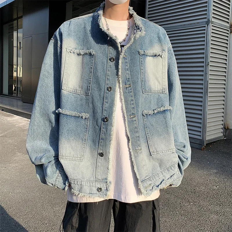 

Korea Sle Street Stand Collar Fur Design Denim Jacket Washed Old Fashion Denim Clothing Jacket Ins Men's Harajuku Retro y2k ins