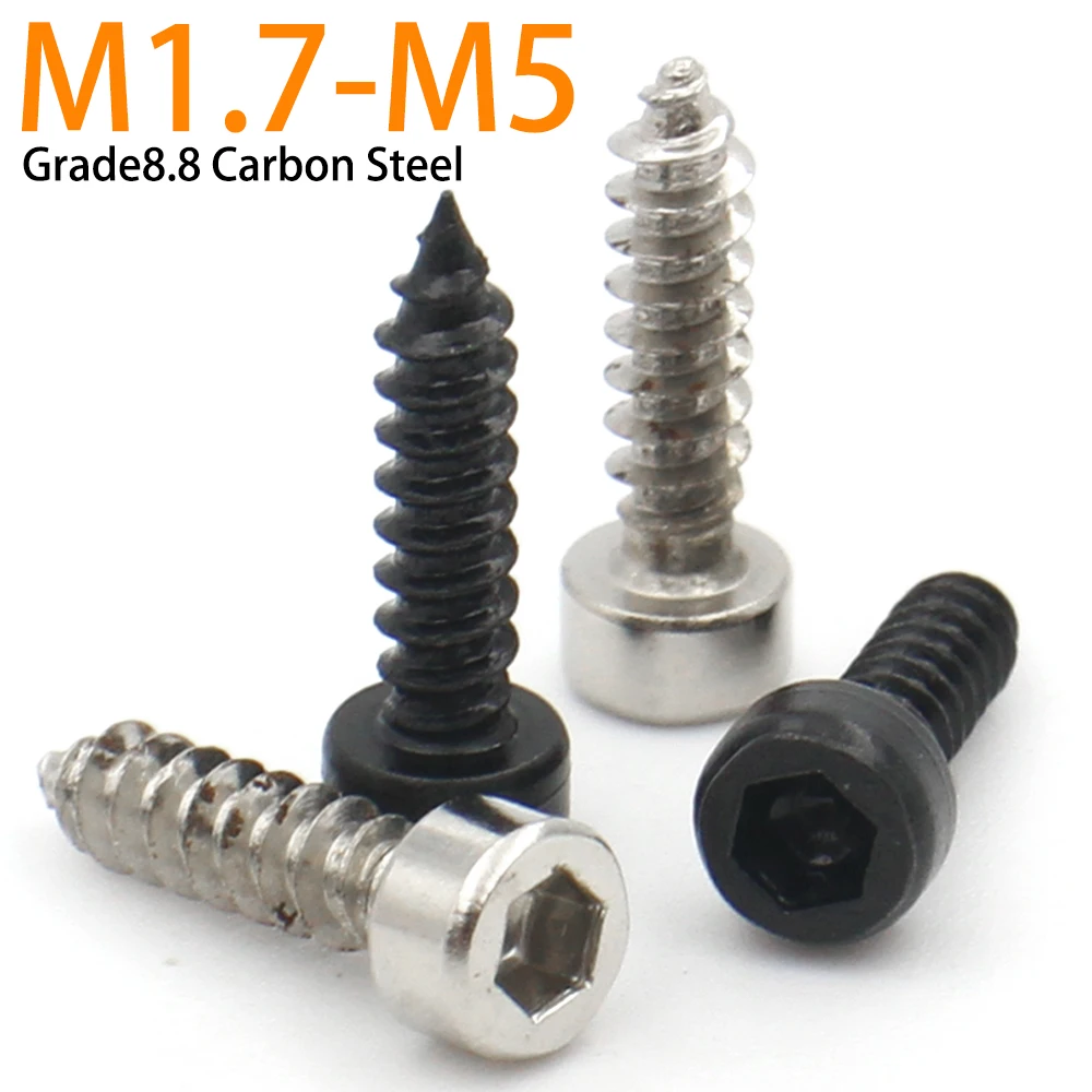 20-200pcs M1.7 M2 M2.3 M2.6 M3 M3.5 M4 M5 Black/Nickel Zinc Plated Carbon Steel Hex Socket Hexagon Cap Head Self Tapping Screw