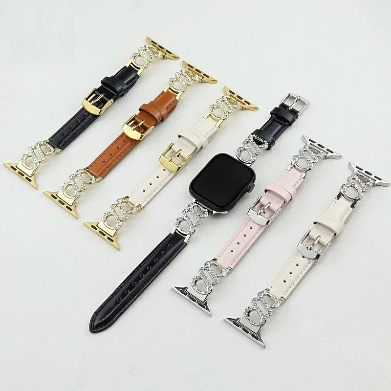

Leather Bands for Apple Watch Band 38/40/41/42/44/45/46/49mm Dressy Slim Strap Diamond Metal Bracelet for iWatch S10 9 8 7 6 5 4