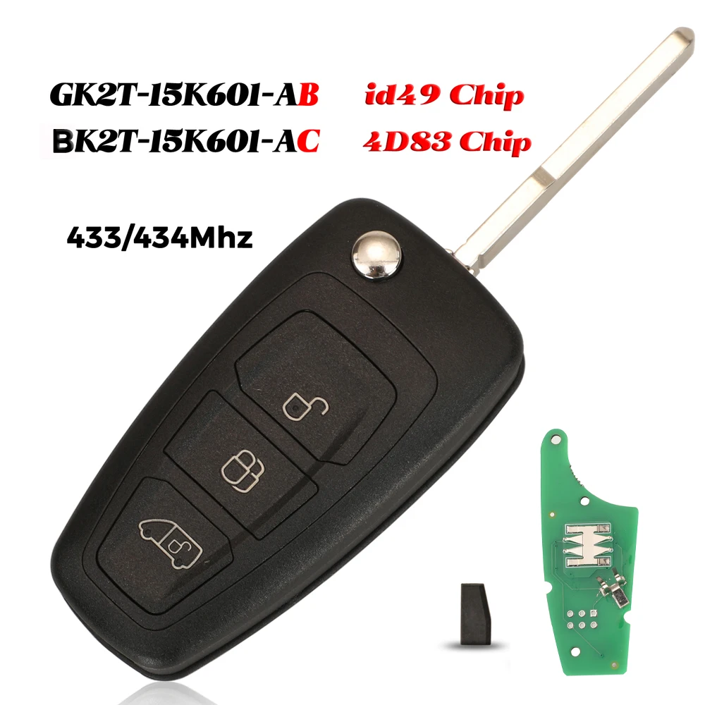 jingyuqin Flip Remote Car Key GK2T-15K601-AB  BK2T-15K601-AC ID49/4D83 Chip 433Mhz For Ford Tourneo Custom 2015- FOB 3 Buttons