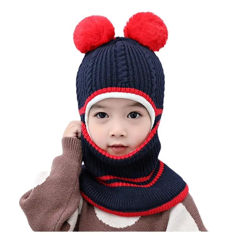 Thick Knitted Winter Hats for Kids 2-5years Children Balaclava Style Fleece Lining Girl Pom Beanie Pink Yellow Grey Black Beige