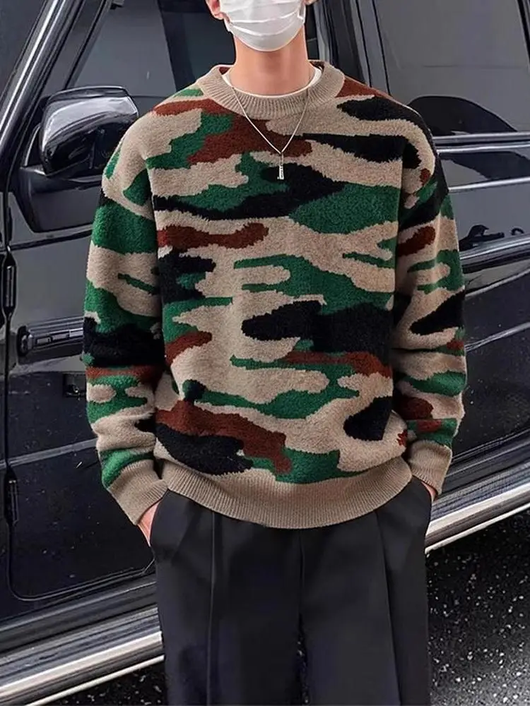 

Повседневный камуфляжный вязаный свитер с круглым вырезом для мужчин, модный теплый лонгслив из полиэфирного волокна для осени и зимы