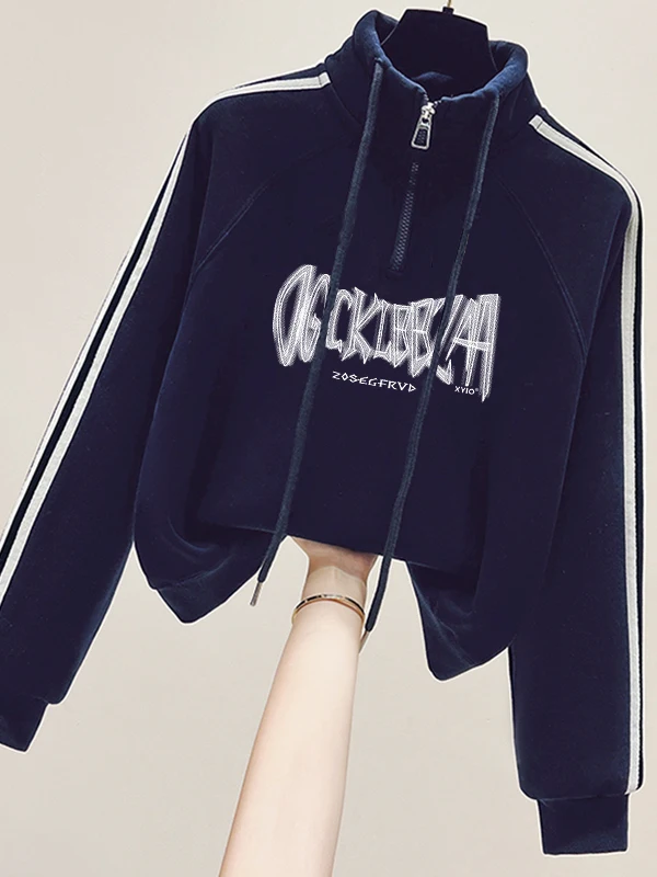 

Spring Autumn Short Thin Hoodie Women's Student American Retro Collar Stand up Jacket Outerwear Casual Sweet Style Polyester ...