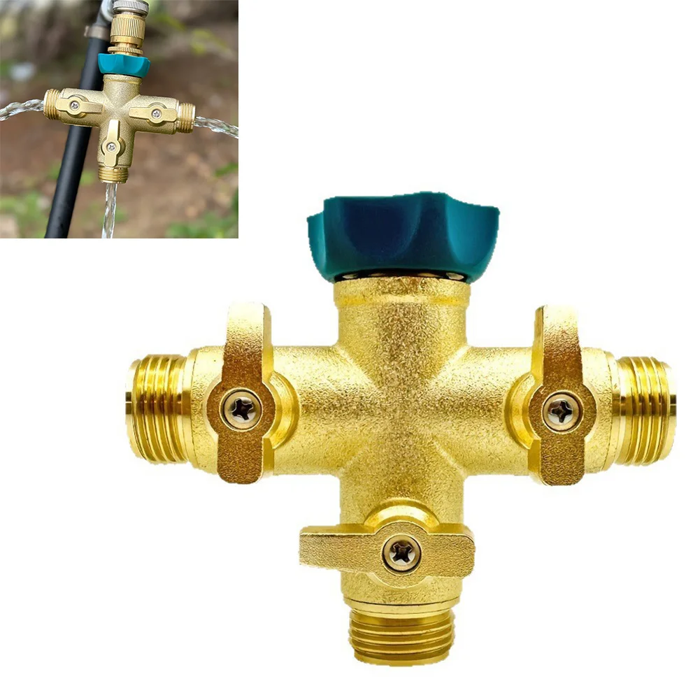 

Three-Way Water Divider: Heavy-Duty Brass Alloy Garden Hose Distributor With Easy-Grip Handle And Control Valve