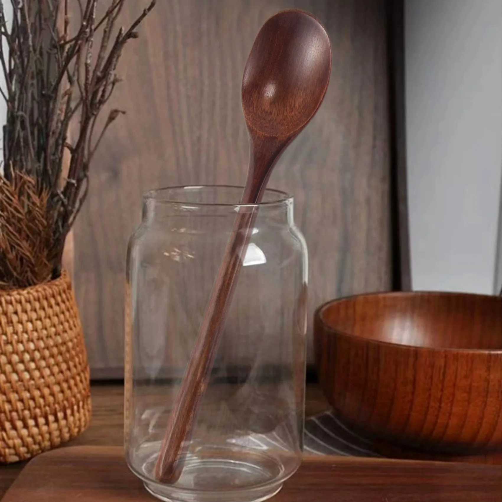 6 ชิ้นช้อนไม้ครัวเสิร์ฟยาวช้อนซุปทําอาหารช้อนชิมสําหรับกินผสมกวน