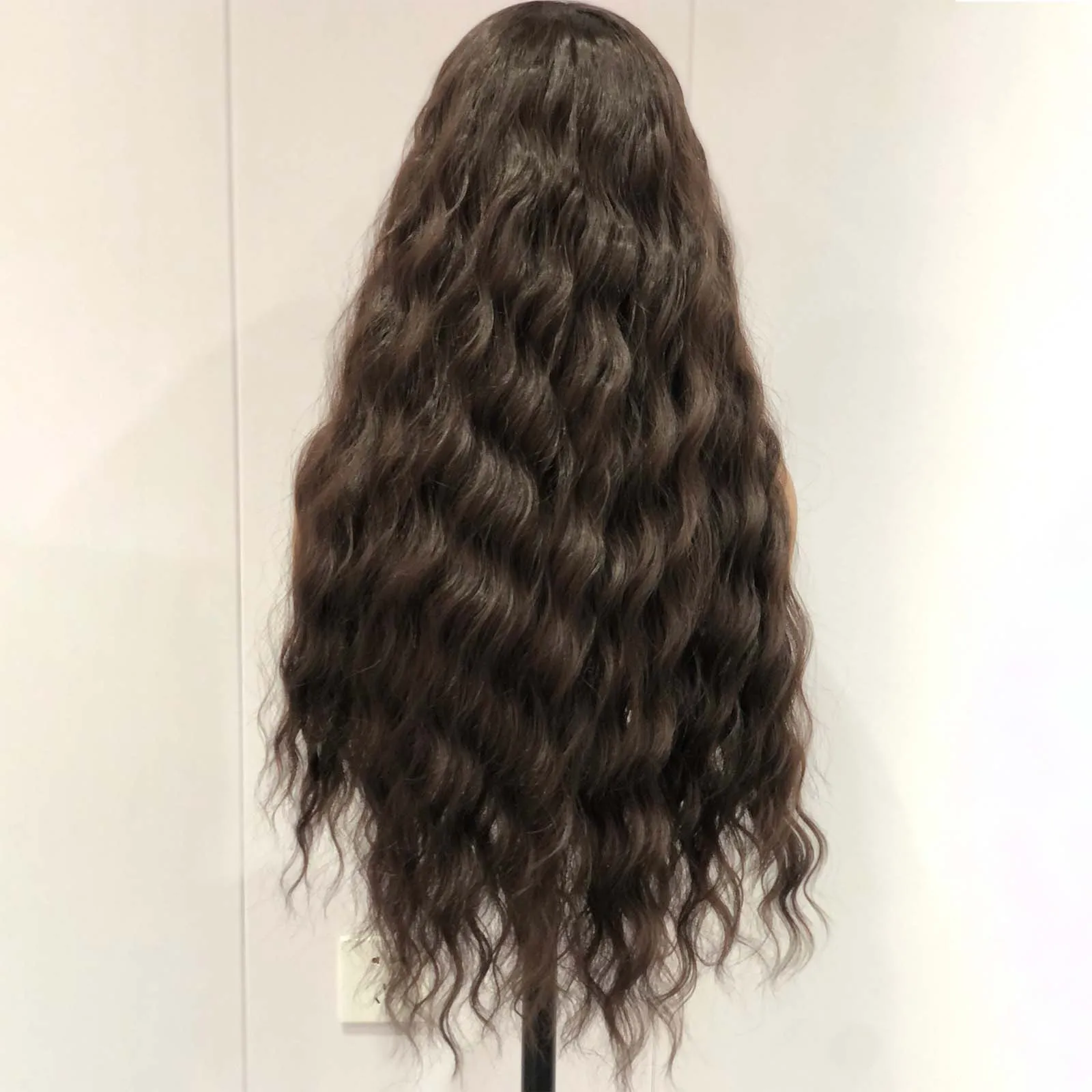 Wig bergelombang panjang keriting coklat tua Wig sintetis renda depan rambut palsu pirang alami gelap longgar Wig Frontal 13X4 untuk wanita