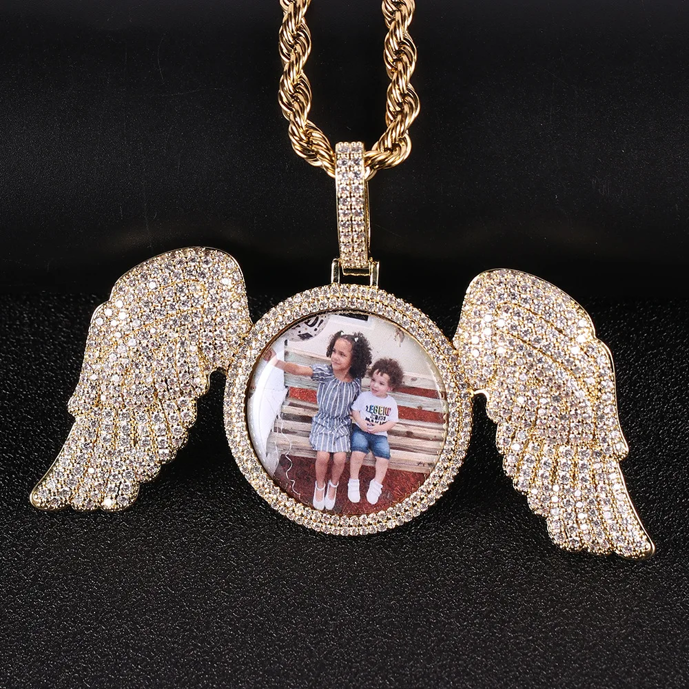 Angel Wings Large Photo Frame Pendant Full Of Zircon Jewelry Hip-Hop Necklace Jewelry
