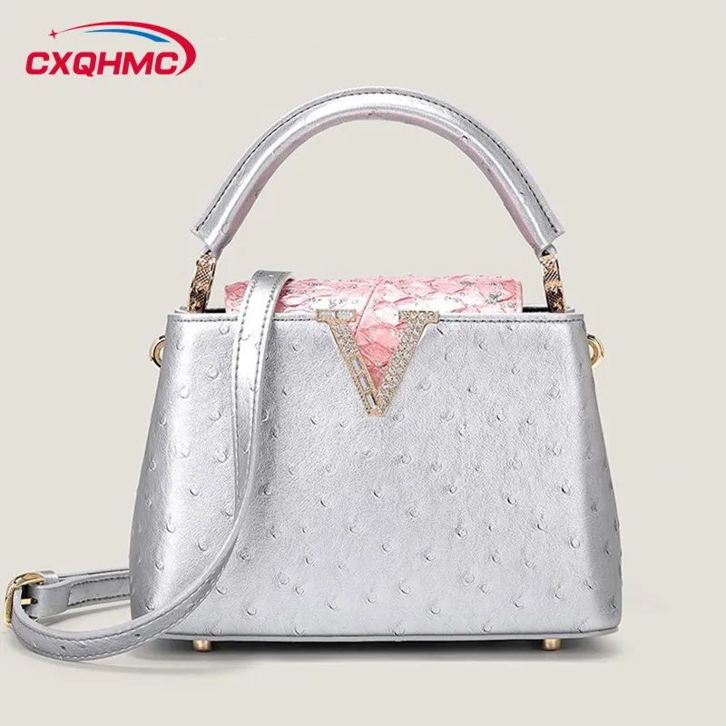 

2024 New Sostrich Print Leather Women Handbags Luxury Fashion V Diamonds Buckle Bag Small White Single Shoulder Crossbody Bags