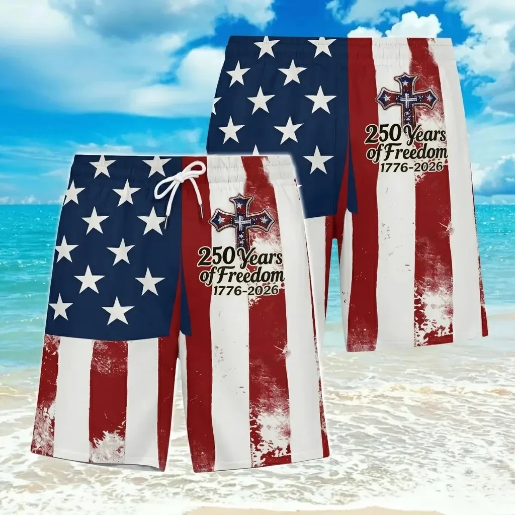 

USA 250th Anniversary 1776-2026 Trunks, Patriotic American Flag "250 Years of Freedom" Print, Men's Quick Dry Beach Board Shorts