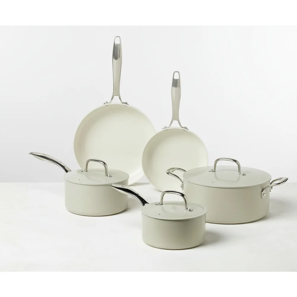 

Набор керамической посуды с антипригарным покрытием из 8 предметов, кастрюли и сковородки, можно мыть в посудомоечной машине и в духовке, совместимы со всеми плитами