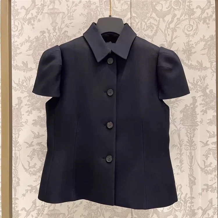

Spring 2024 Slim Fit Silk Wool Short Sleeve Suit Jacket Design Turn-down Collar Outerwear Top Women's Fashion